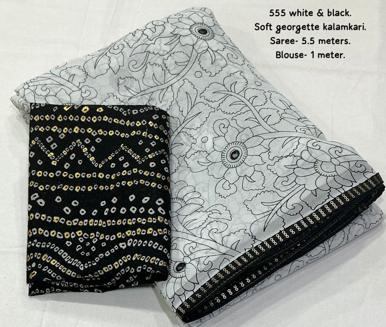 Elegant Black & White Georgette Kalamkari Printed Saree with Foil Bandhani Blouse