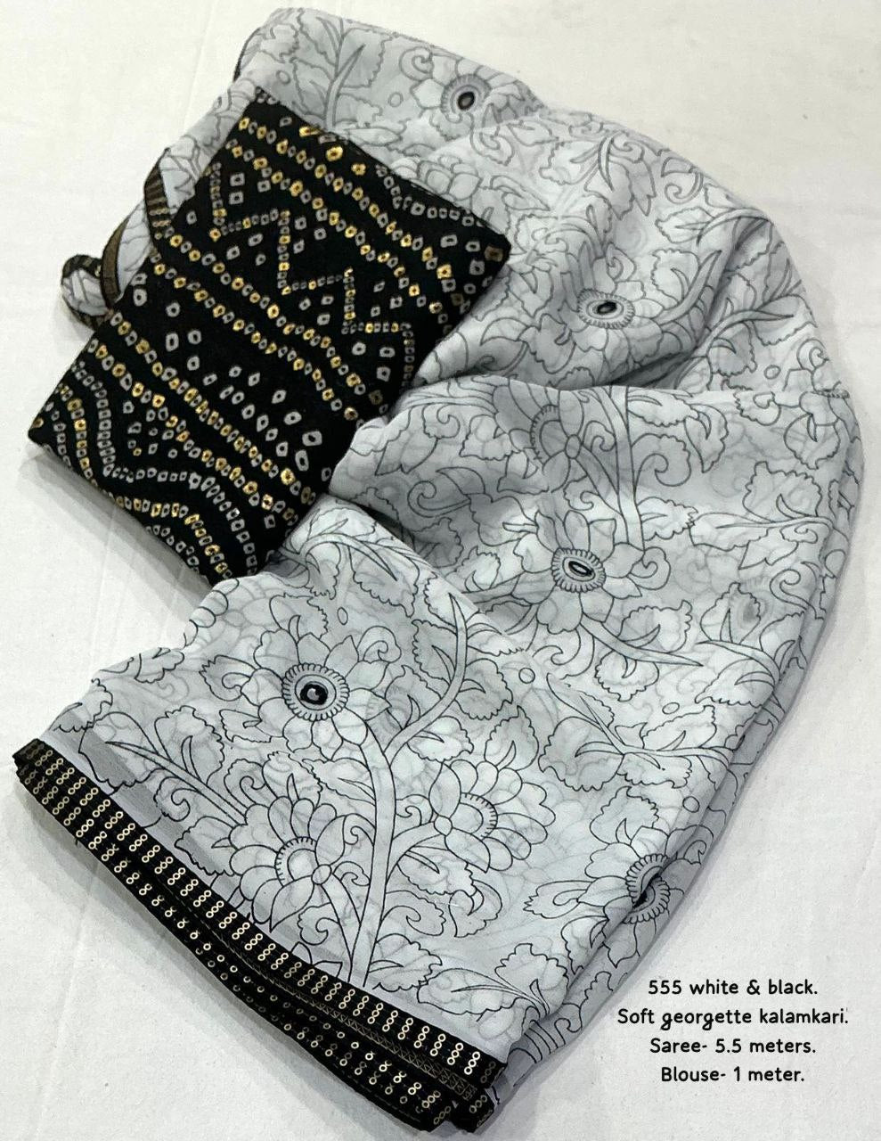 Elegant Black & White Georgette Kalamkari Printed Saree with Foil Bandhani Blouse