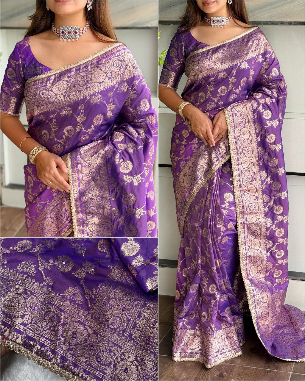 Beautiful Wedding Wear Fancy Pearl & Lace Border Banarasi Silk Saree with Running Blouse