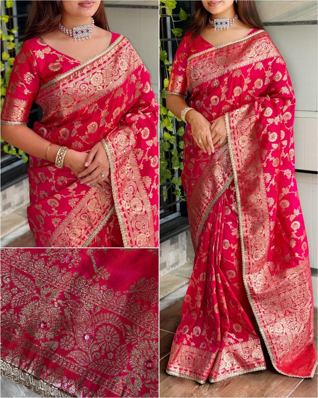 Beautiful Wedding Wear Fancy Pearl & Lace Border Banarasi Silk Saree with Running Blouse