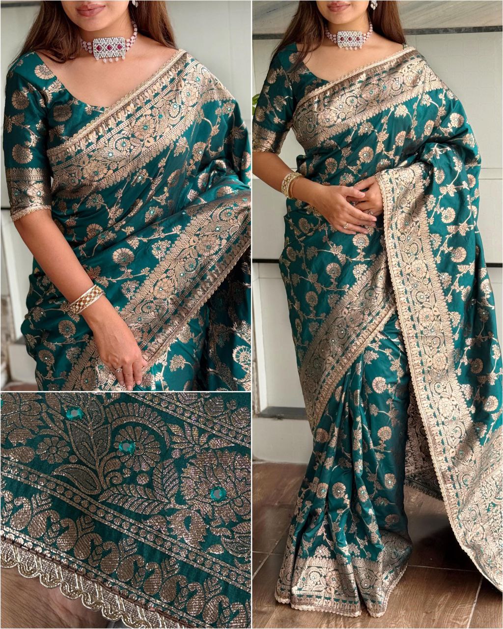 Beautiful Wedding Wear Fancy Pearl & Lace Border Banarasi Silk Saree with Running Blouse