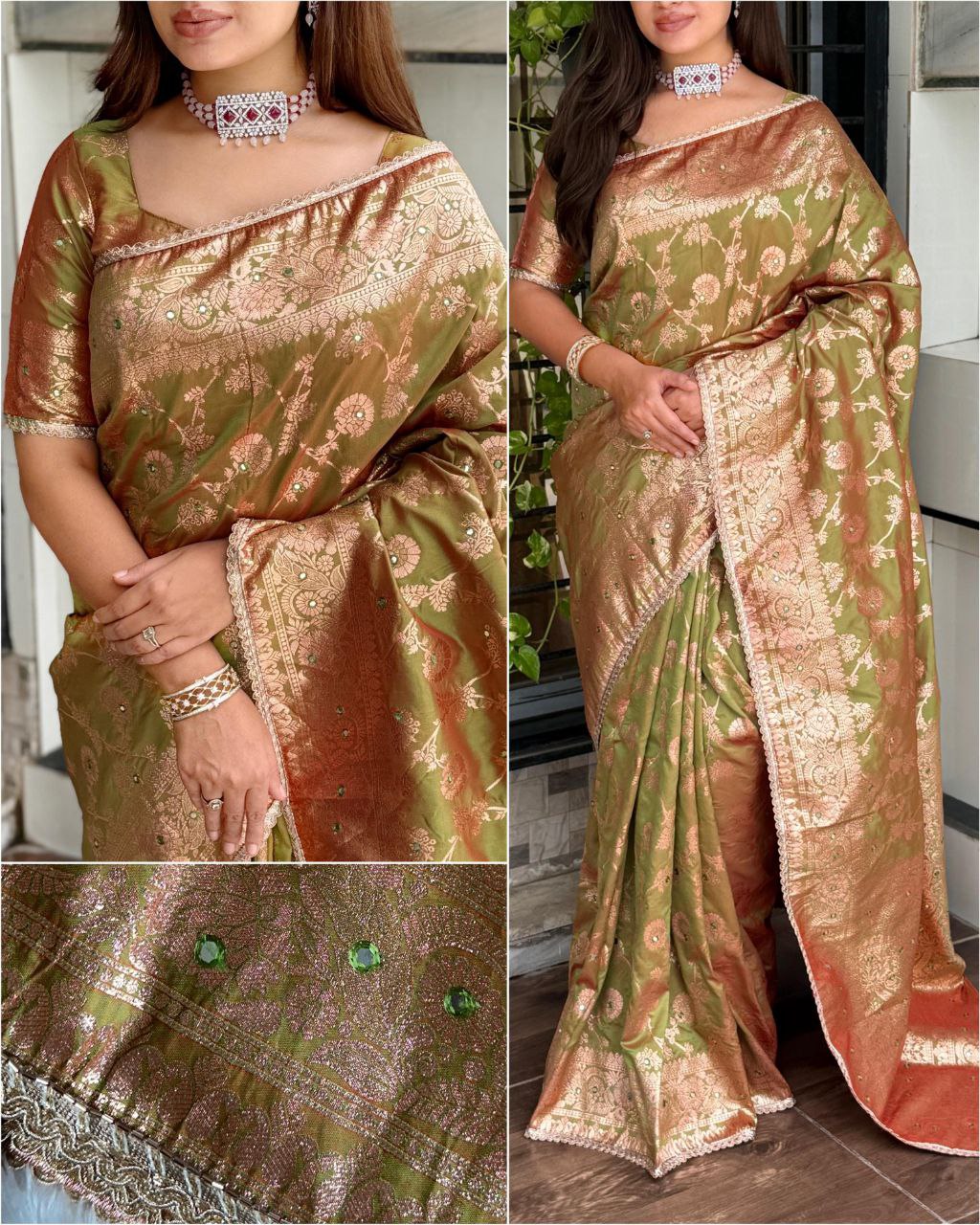 Beautiful Wedding Wear Fancy Pearl & Lace Border Banarasi Silk Saree with Running Blouse