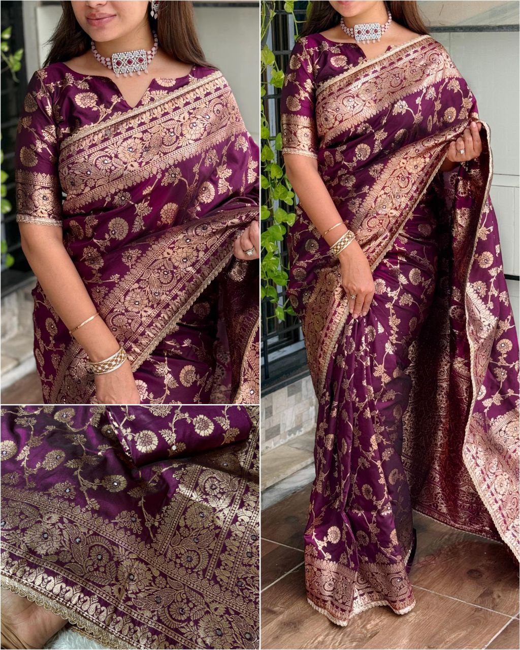 Beautiful Wedding Wear Fancy Pearl & Lace Border Banarasi Silk Saree with Running Blouse