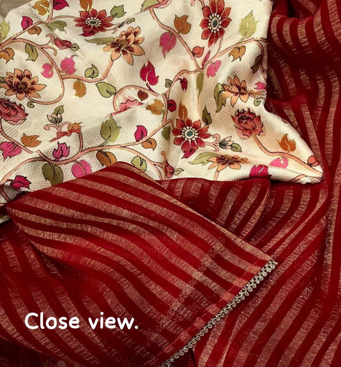 Red Georgette Zari Striped Laheriya Saree with Kalamkari Foil Printed Blouse