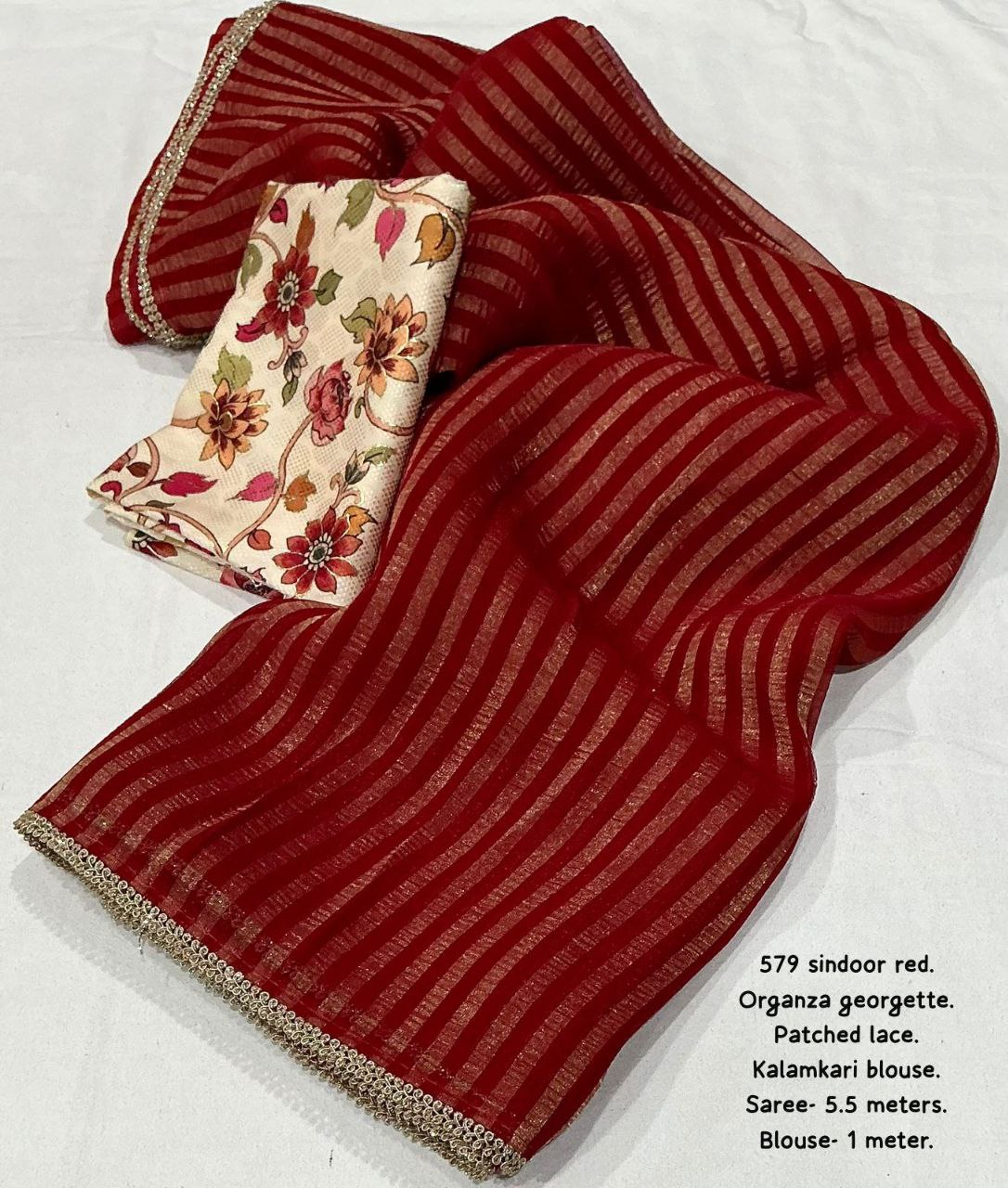 Red Georgette Zari Striped Laheriya Saree with Kalamkari Foil Printed Blouse