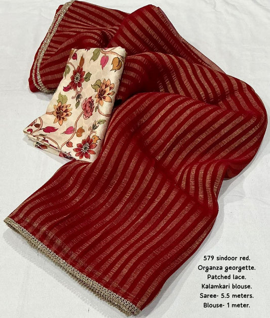 Red Georgette Zari Striped Laheriya Saree with Kalamkari Foil Printed Blouse