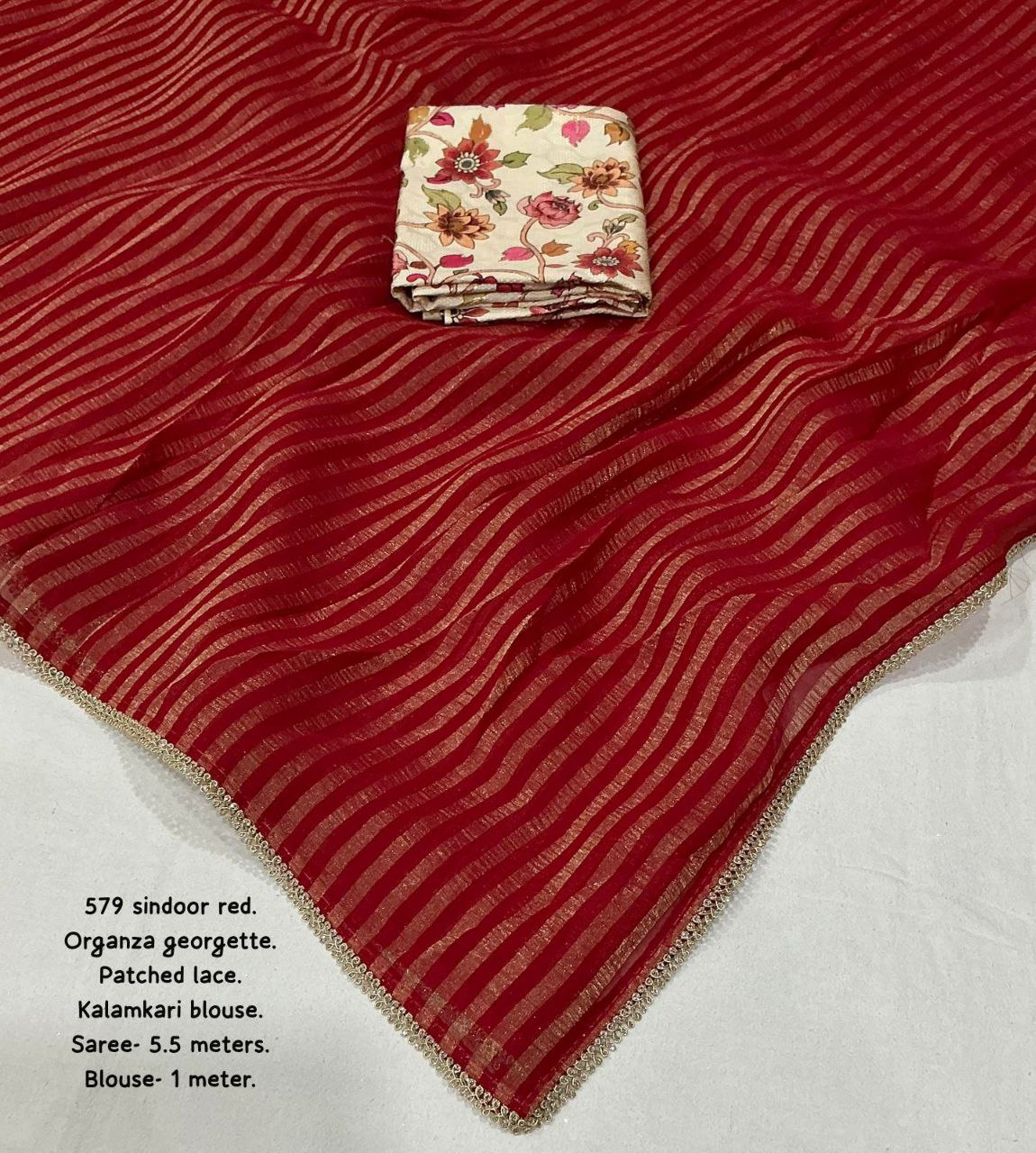 Red Georgette Zari Striped Laheriya Saree with Kalamkari Foil Printed Blouse