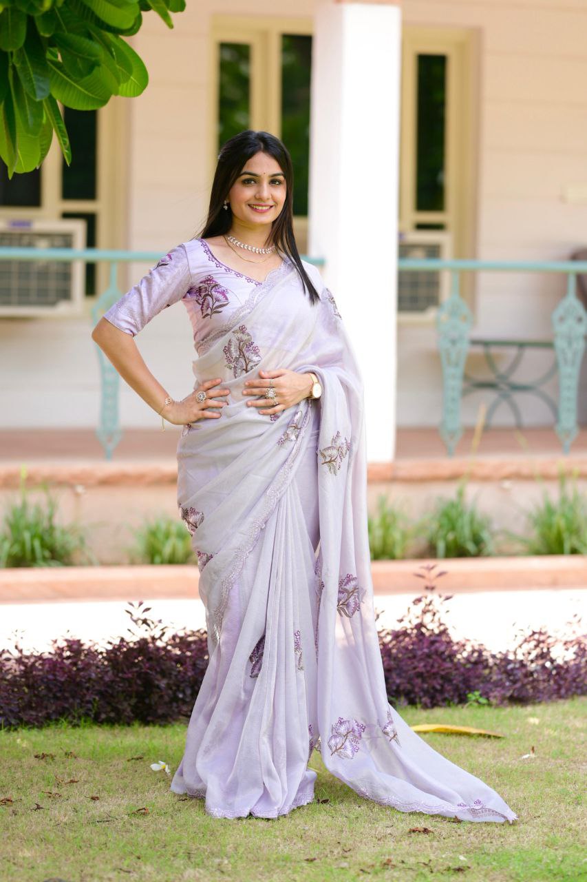 Elegant Jute Organza Saree with Multi-Thread Embroidery & Sequin Work Blouse