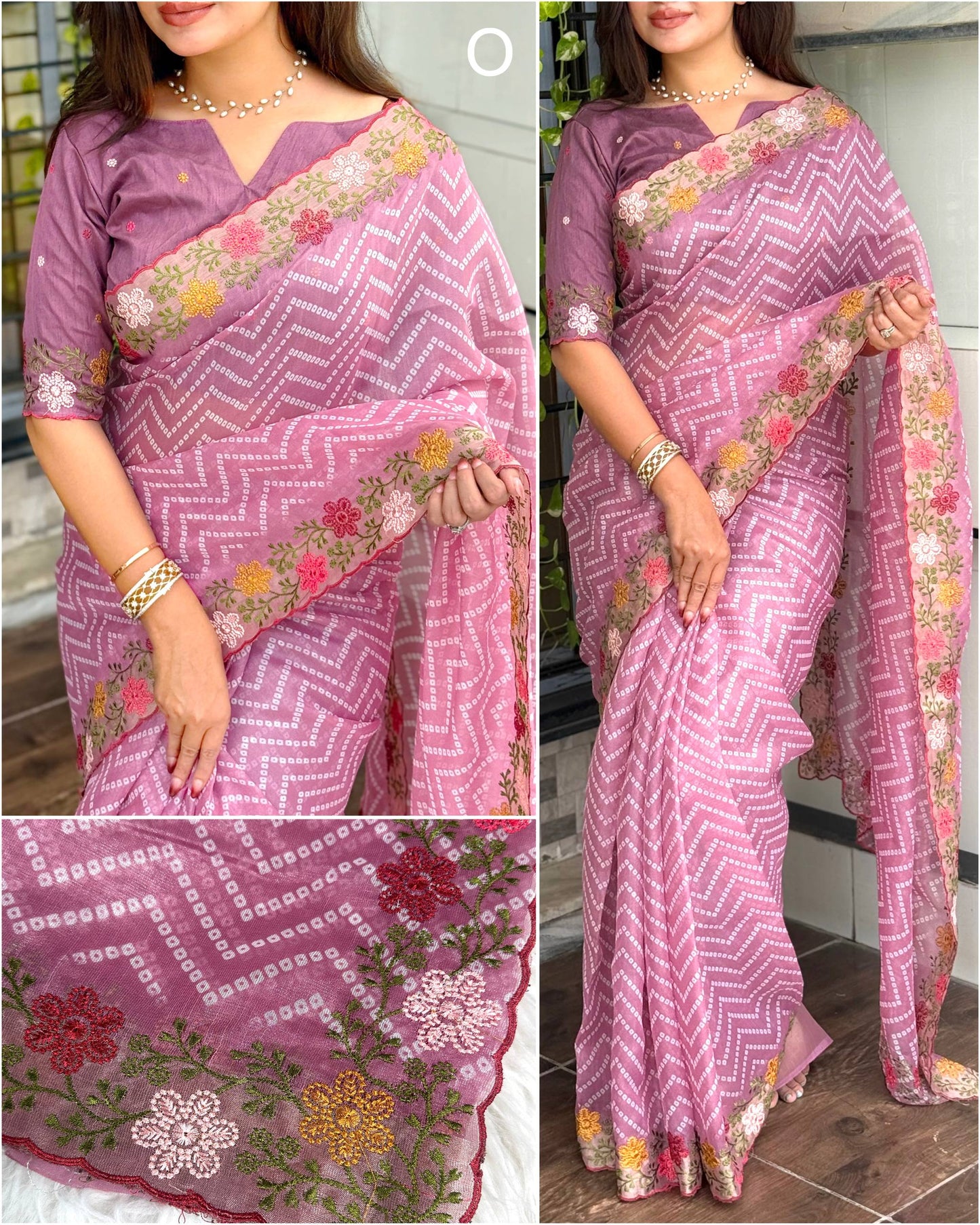 Embroidered Zari Border Bandhani Printed Cotton Satin Saree with Banglori Blouse
