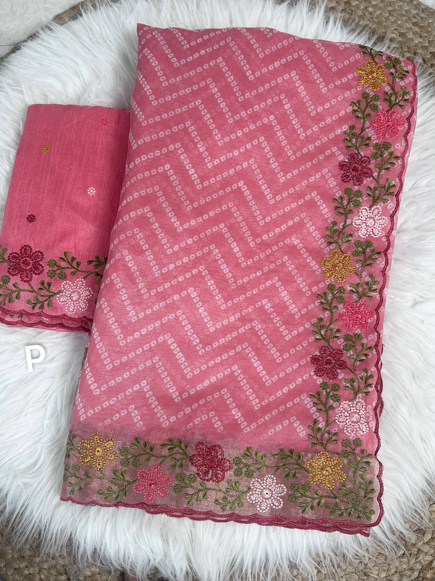 Embroidered Zari Border Bandhani Printed Cotton Satin Saree with Banglori Blouse