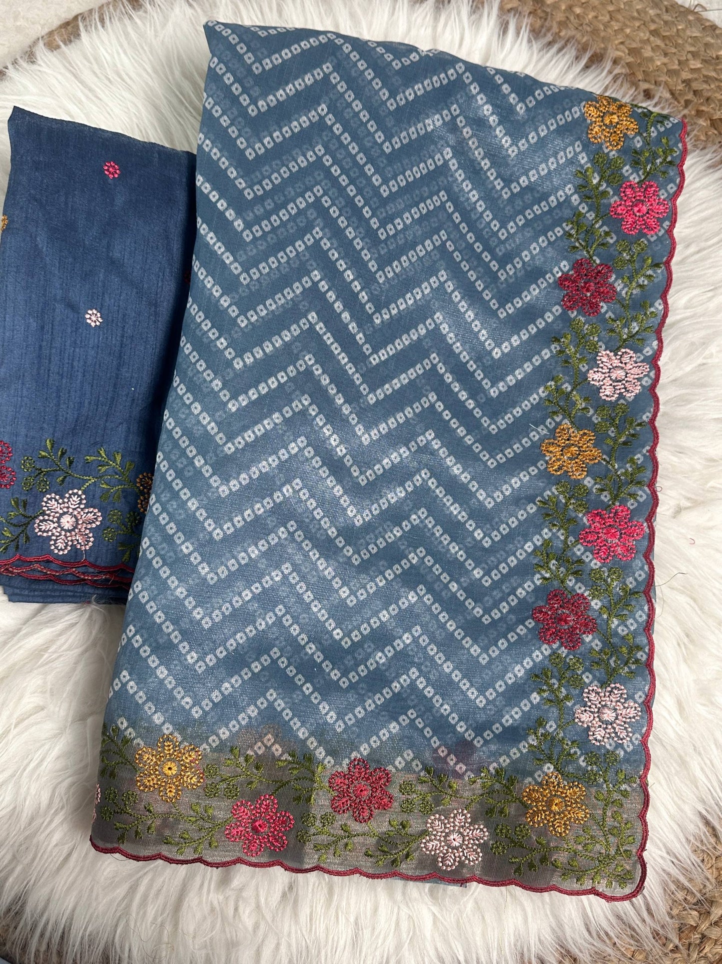 Embroidered Zari Border Bandhani Printed Cotton Satin Saree with Banglori Blouse