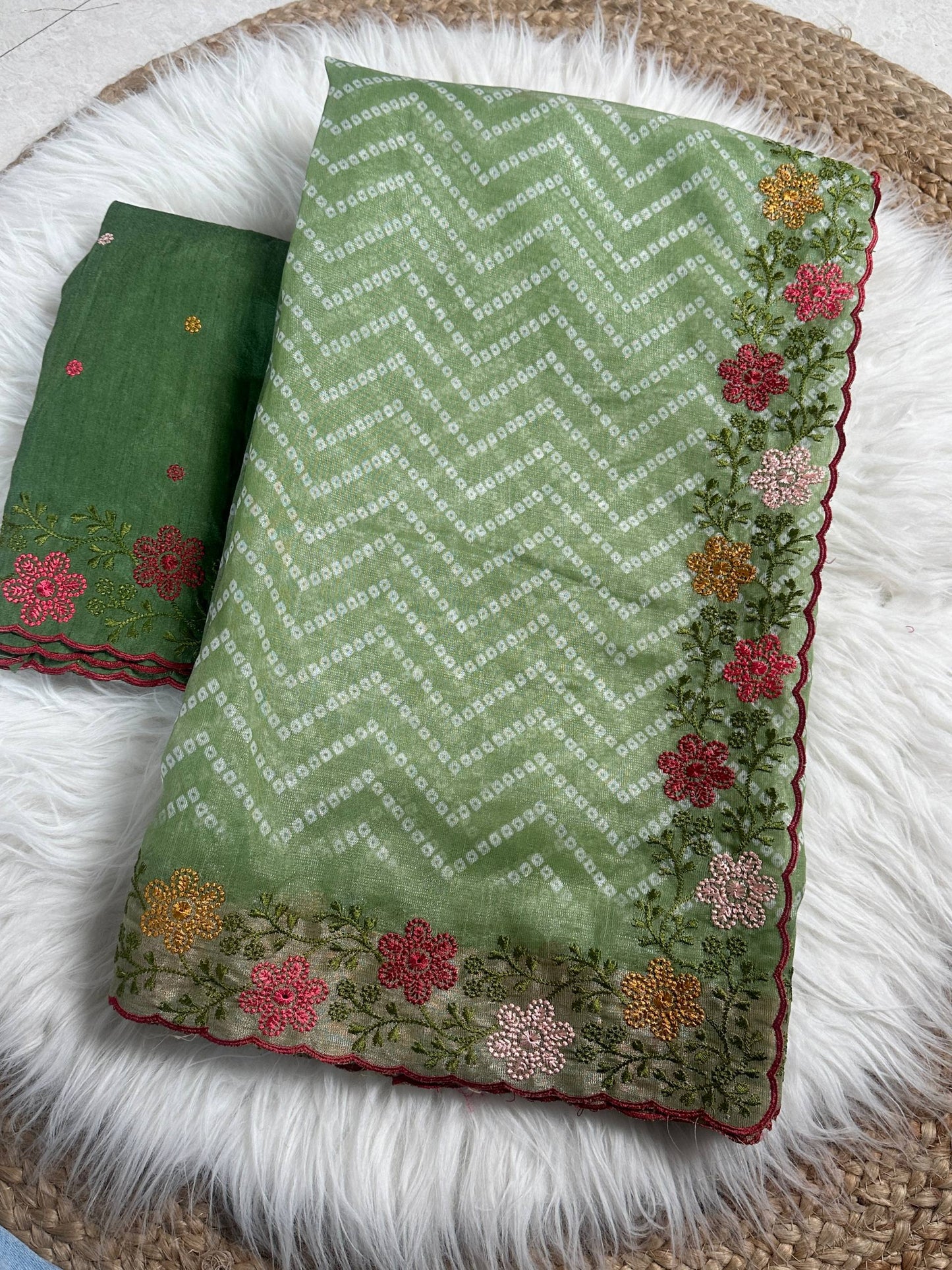 Embroidered Zari Border Bandhani Printed Cotton Satin Saree with Banglori Blouse