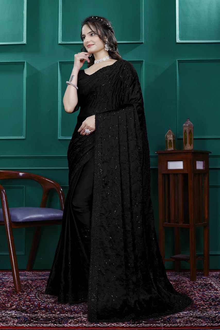 Premium Embroidery Sequence & Cut Work Border Ready-to-Wear Rangoli Silk Saree with Blouse