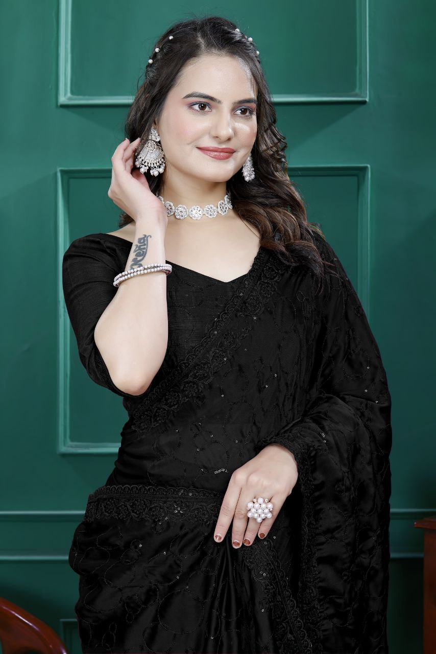 Premium Embroidery Sequence & Cut Work Border Ready-to-Wear Rangoli Silk Saree with Blouse