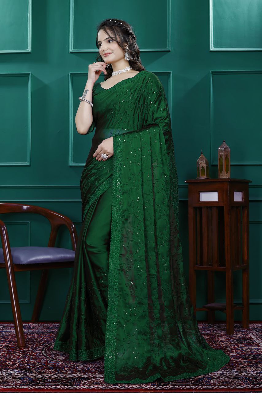 Premium Embroidery Sequence & Cut Work Border Ready-to-Wear Rangoli Silk Saree with Blouse