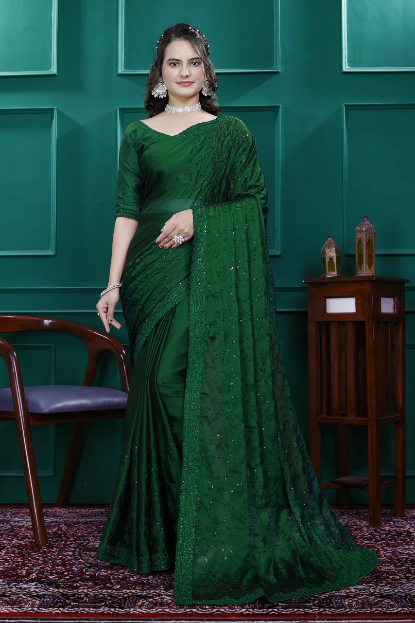 Premium Embroidery Sequence & Cut Work Border Ready-to-Wear Rangoli Silk Saree with Blouse