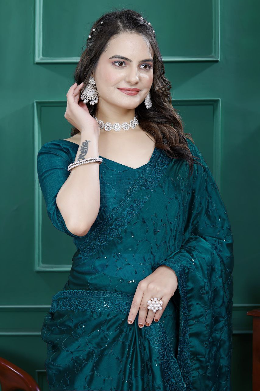 Premium Embroidery Sequence & Cut Work Border Ready-to-Wear Rangoli Silk Saree with Blouse