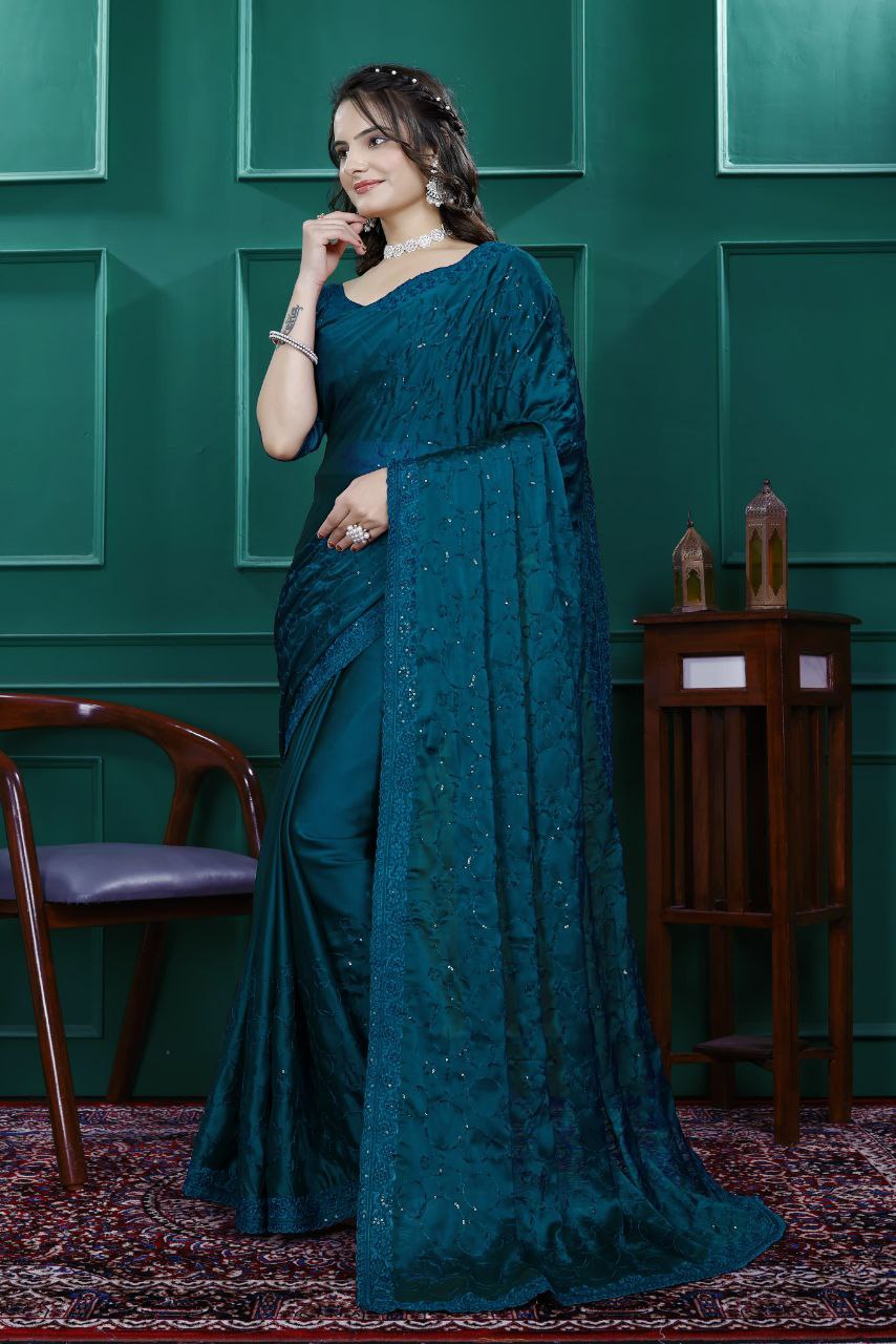 Premium Embroidery Sequence & Cut Work Border Ready-to-Wear Rangoli Silk Saree with Blouse