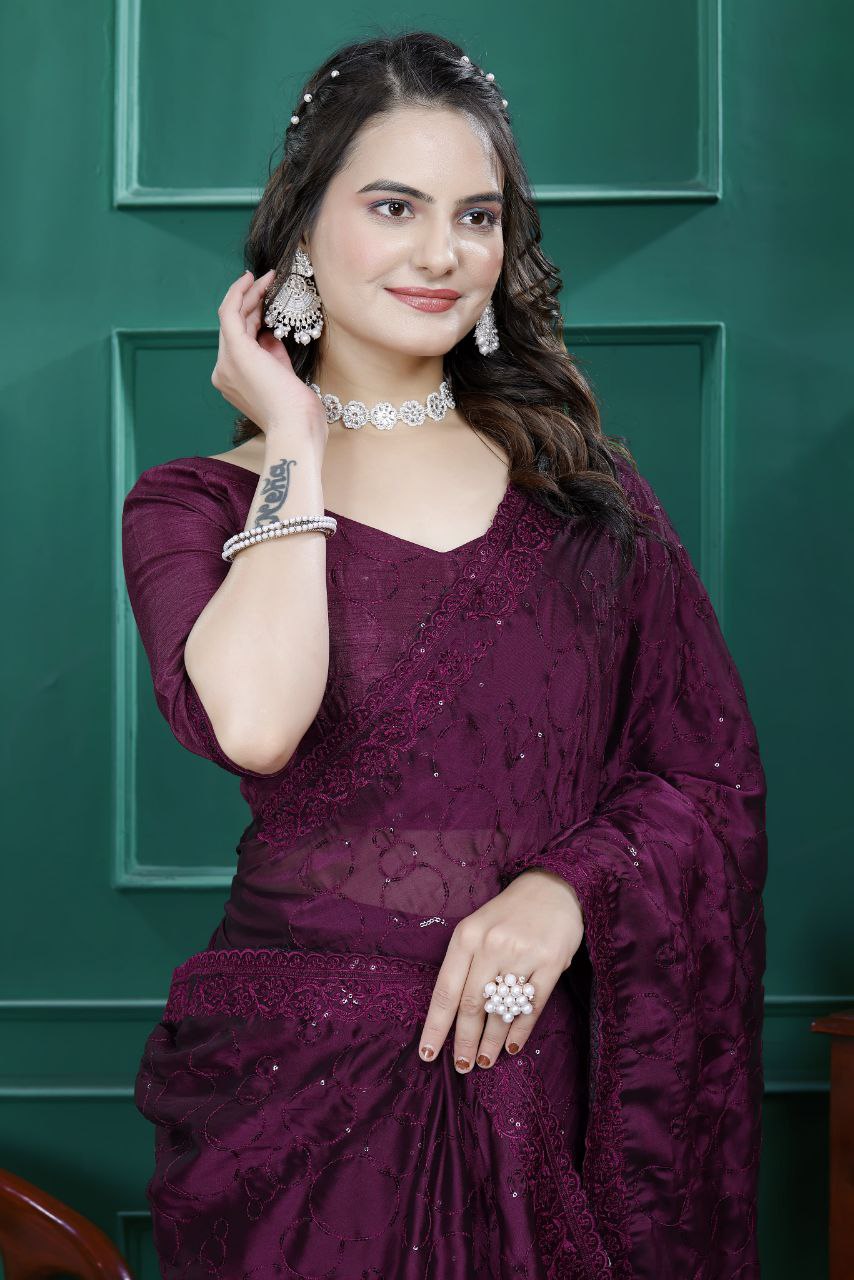 Premium Embroidery Sequence & Cut Work Border Ready-to-Wear Rangoli Silk Saree with Blouse