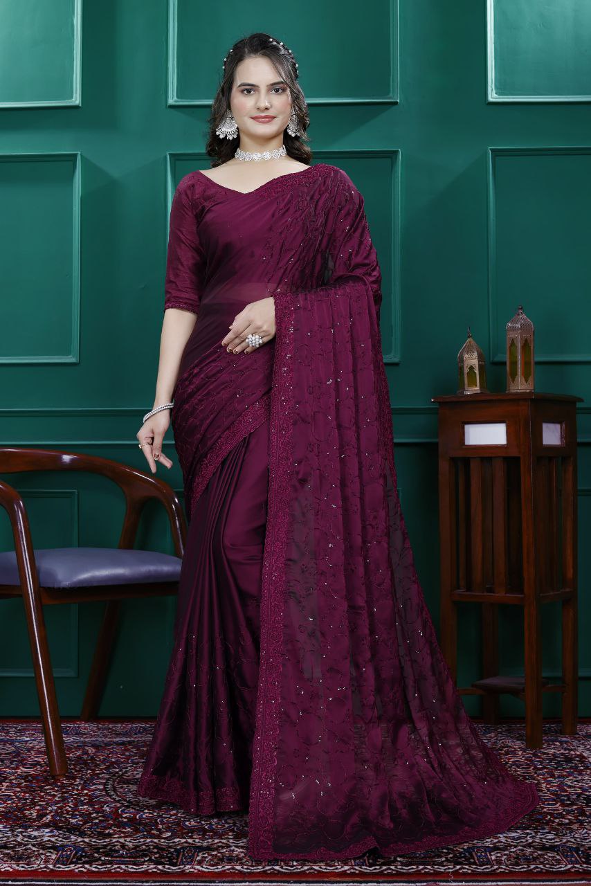 Premium Embroidery Sequence & Cut Work Border Ready-to-Wear Rangoli Silk Saree with Blouse