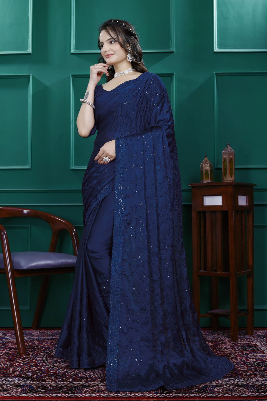 Premium Embroidery Sequence & Cut Work Border Ready-to-Wear Rangoli Silk Saree with Blouse