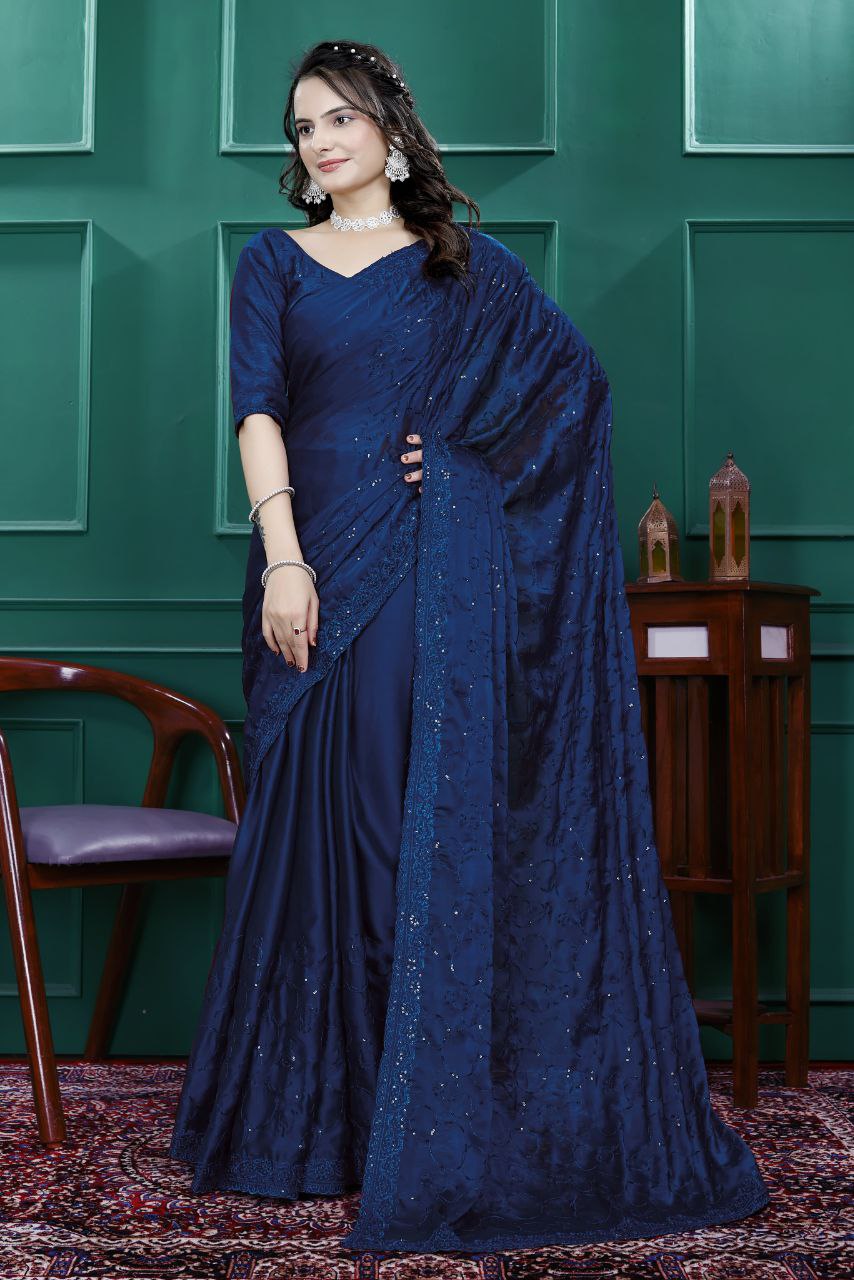 Premium Embroidery Sequence & Cut Work Border Ready-to-Wear Rangoli Silk Saree with Blouse