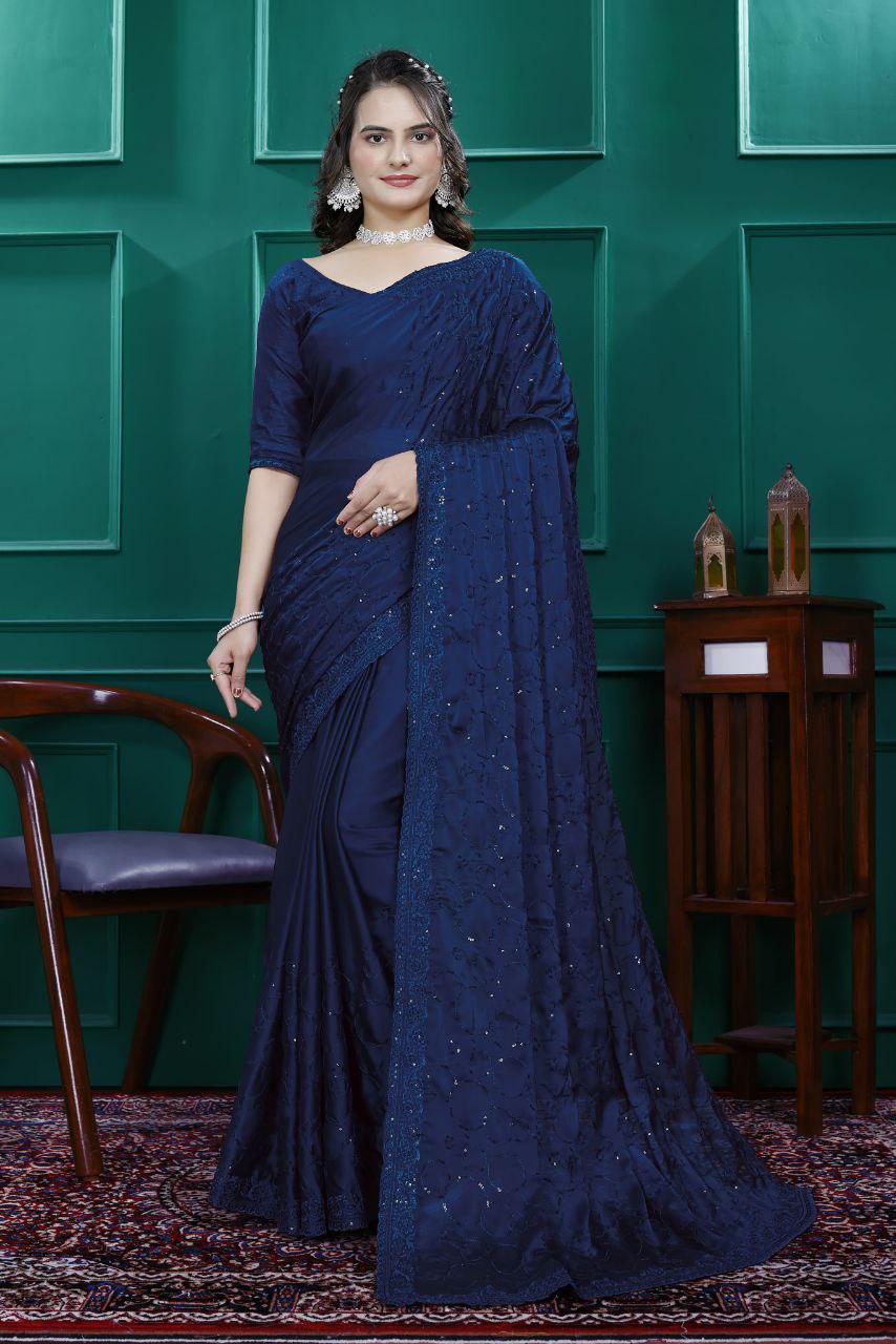 Premium Embroidery Sequence & Cut Work Border Ready-to-Wear Rangoli Silk Saree with Blouse