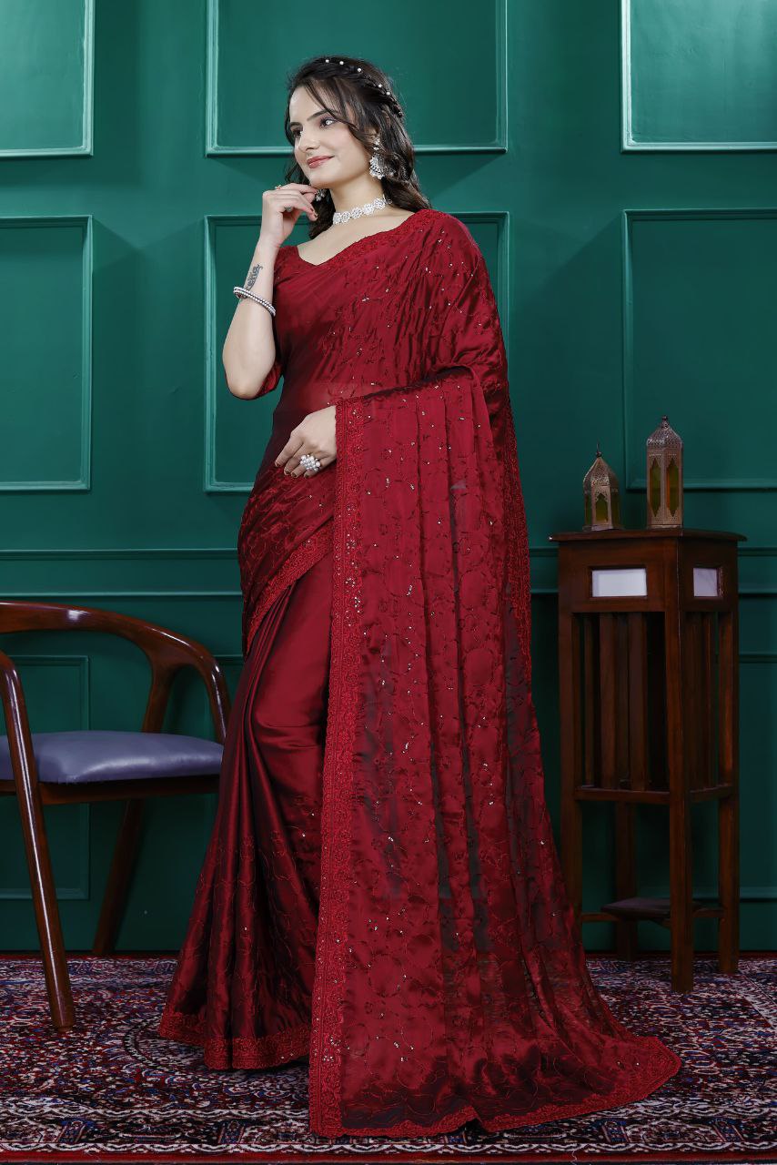 Premium Embroidery Sequence & Cut Work Border Ready-to-Wear Rangoli Silk Saree with Blouse