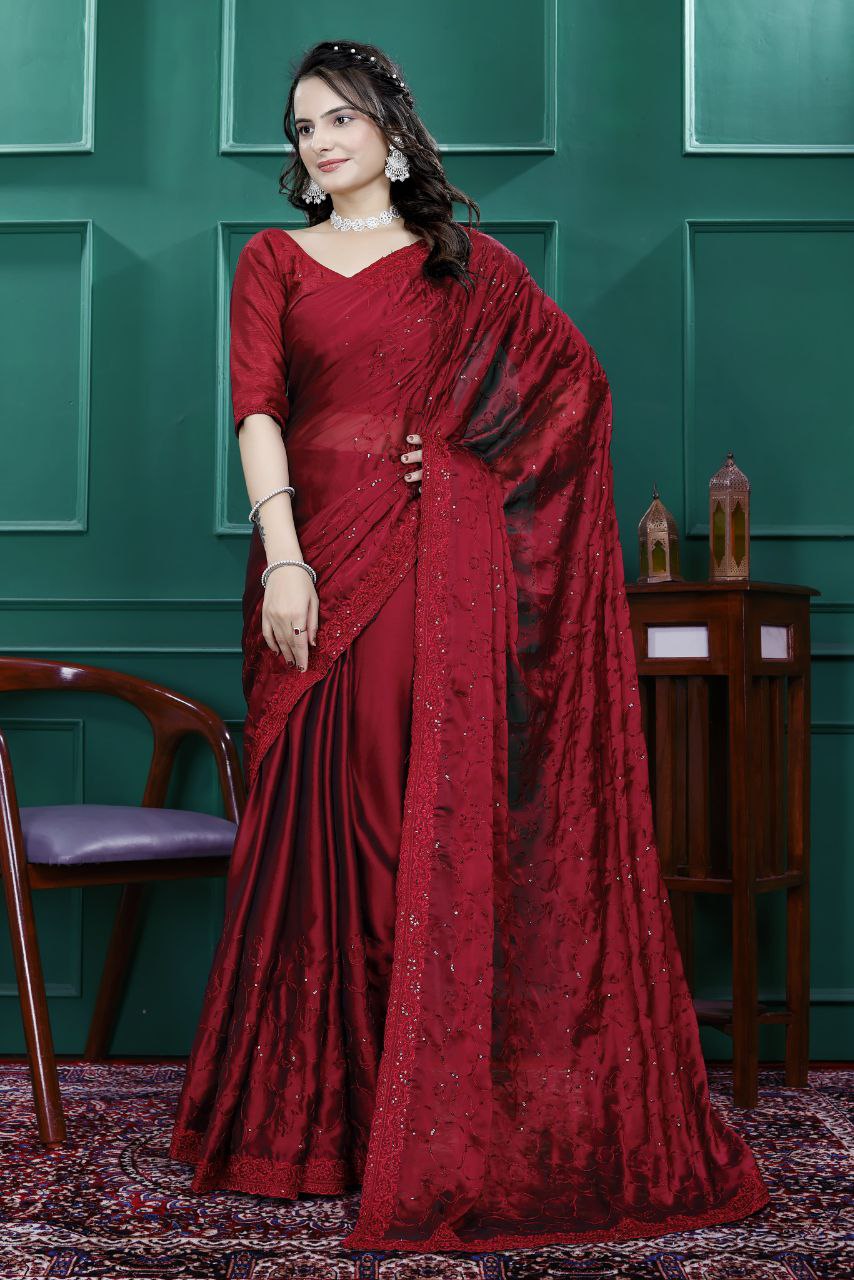 Premium Embroidery Sequence & Cut Work Border Ready-to-Wear Rangoli Silk Saree with Blouse
