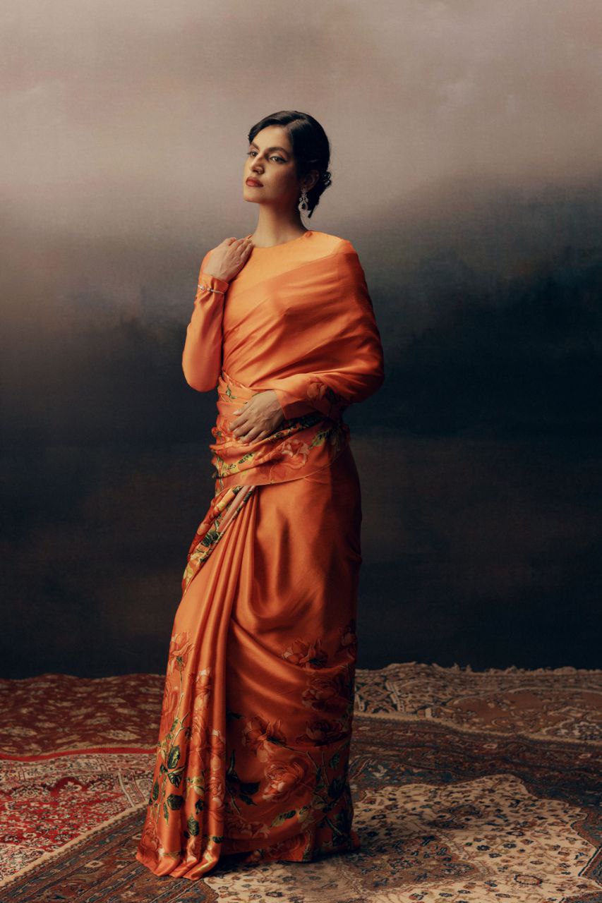 Japanese Satin Silk Digital Floral Print Saree with Attached Blouse