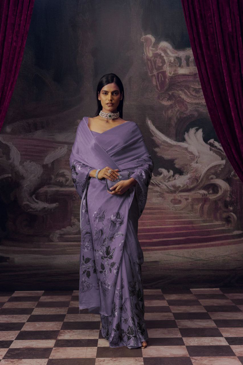 Japanese Satin Silk Digital Floral Print Saree with Attached Blouse