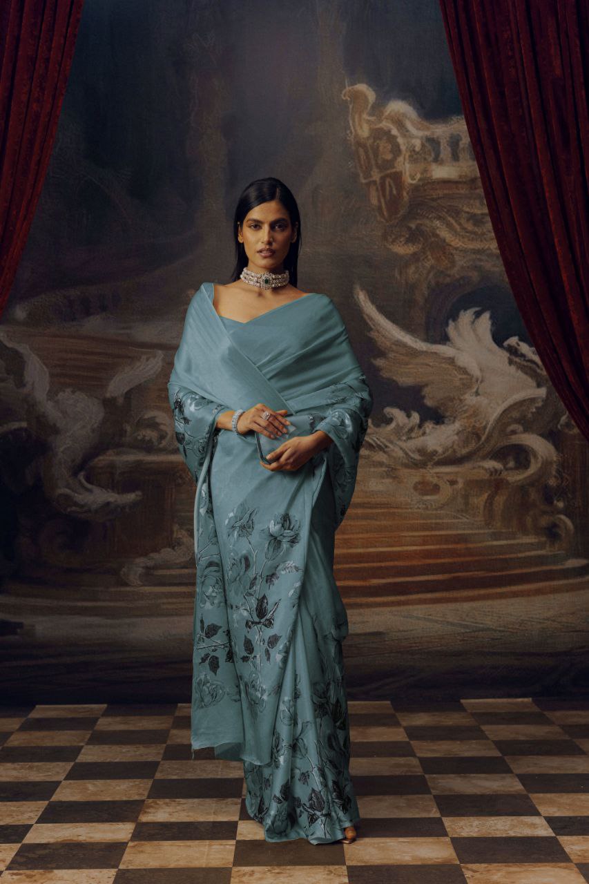 Japanese Satin Silk Digital Floral Print Saree with Attached Blouse