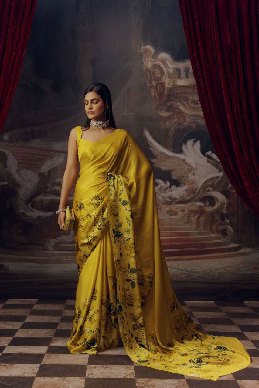 Japanese Satin Silk Digital Floral Print Saree with Attached Blouse