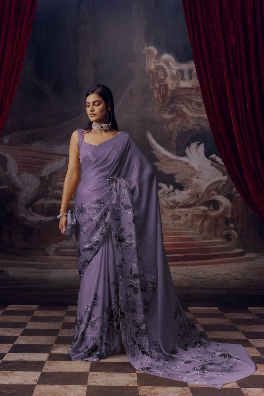 Japanese Satin Silk Digital Floral Print Saree with Attached Blouse