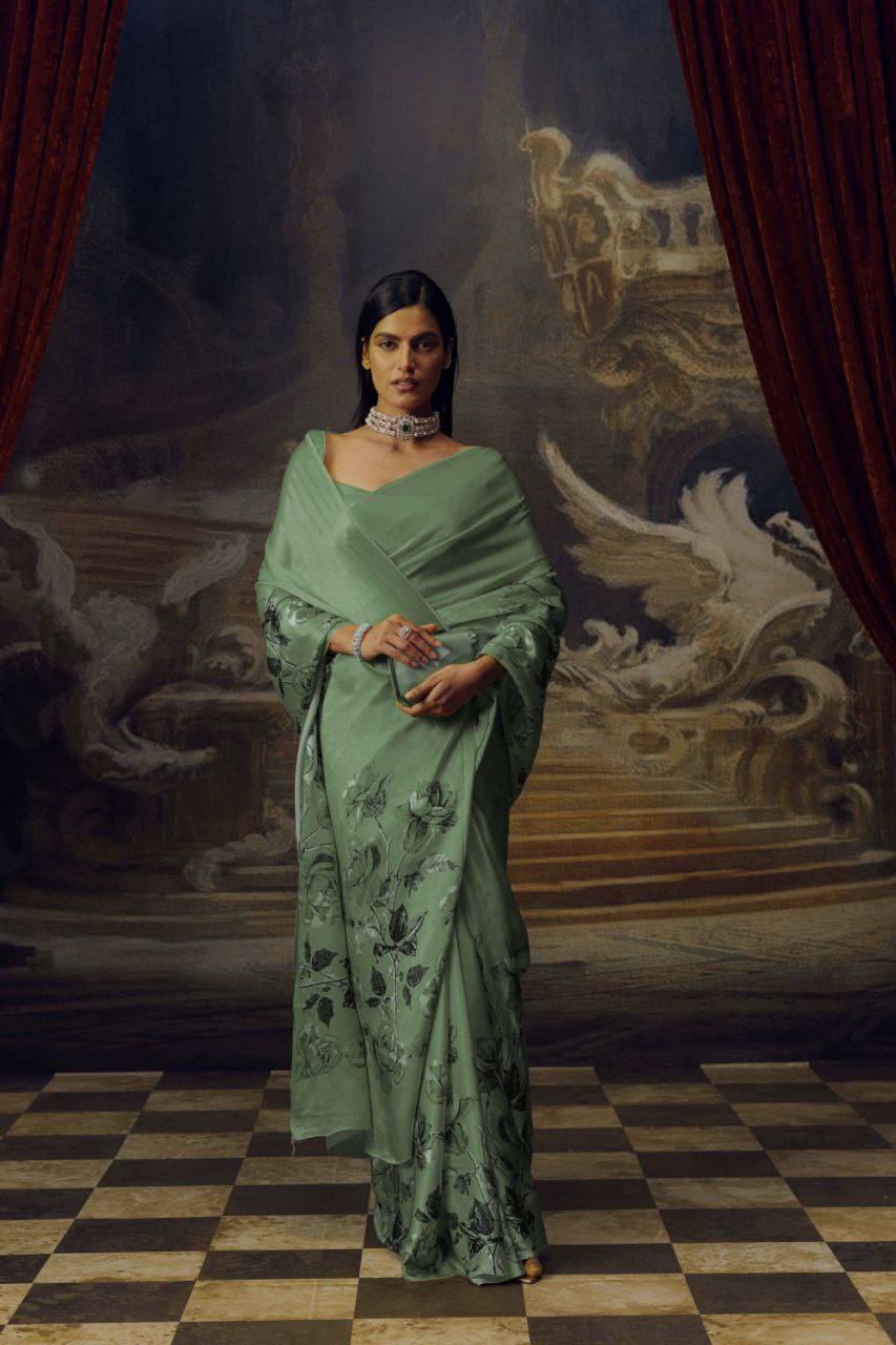 Japanese Satin Silk Digital Floral Print Saree with Attached Blouse