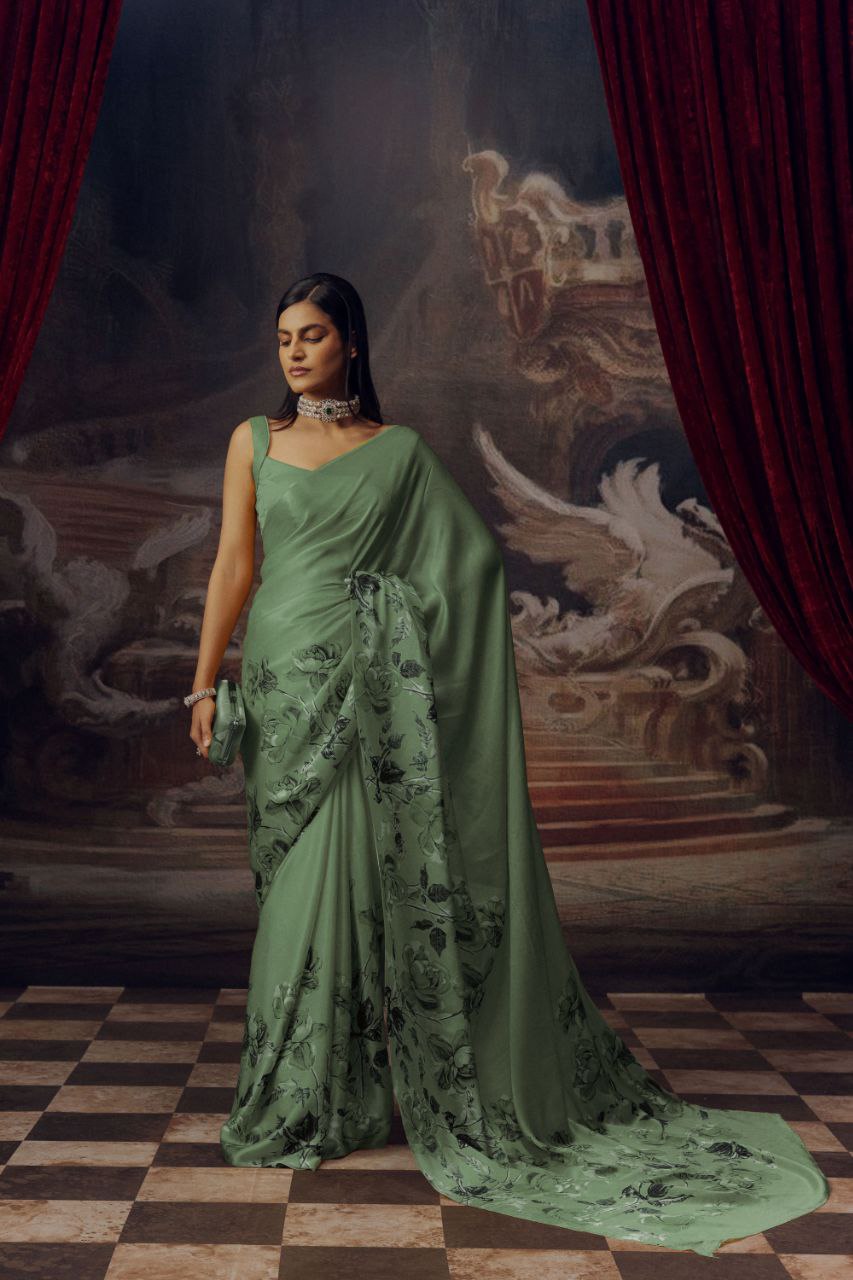 Japanese Satin Silk Digital Floral Print Saree with Attached Blouse