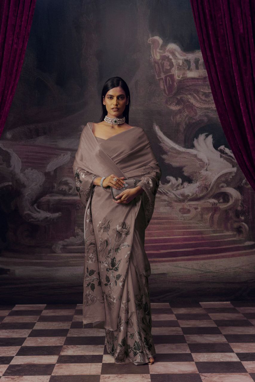 Japanese Satin Silk Digital Floral Print Saree with Attached Blouse