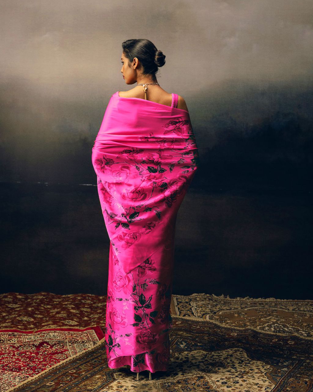 Japanese Satin Silk Digital Floral Print Saree with Attached Blouse