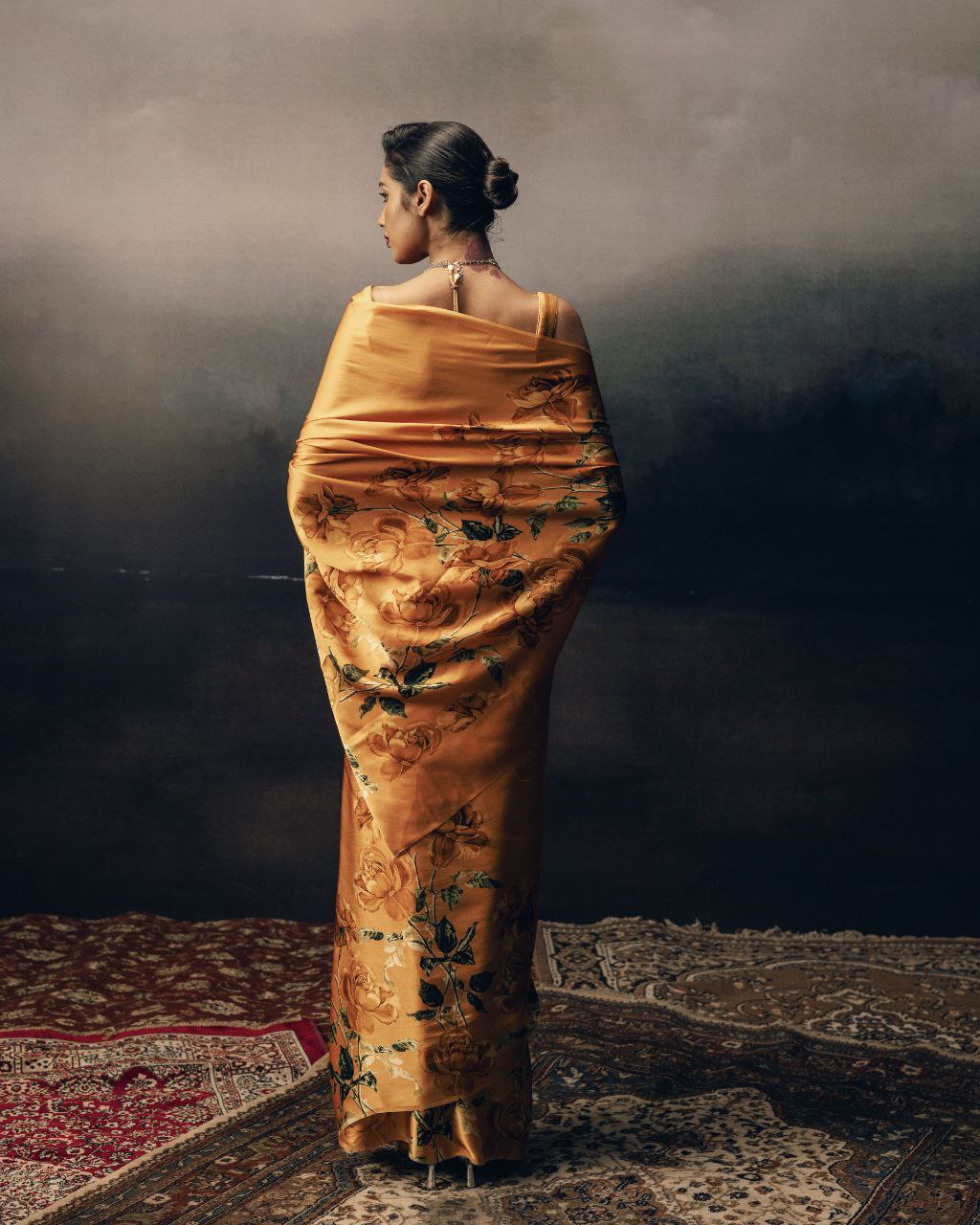 Japanese Satin Silk Digital Floral Print Saree with Attached Blouse