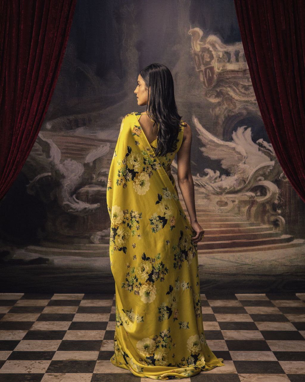 Japanese Satin Silk Digital Floral Print Saree with Attached Blouse