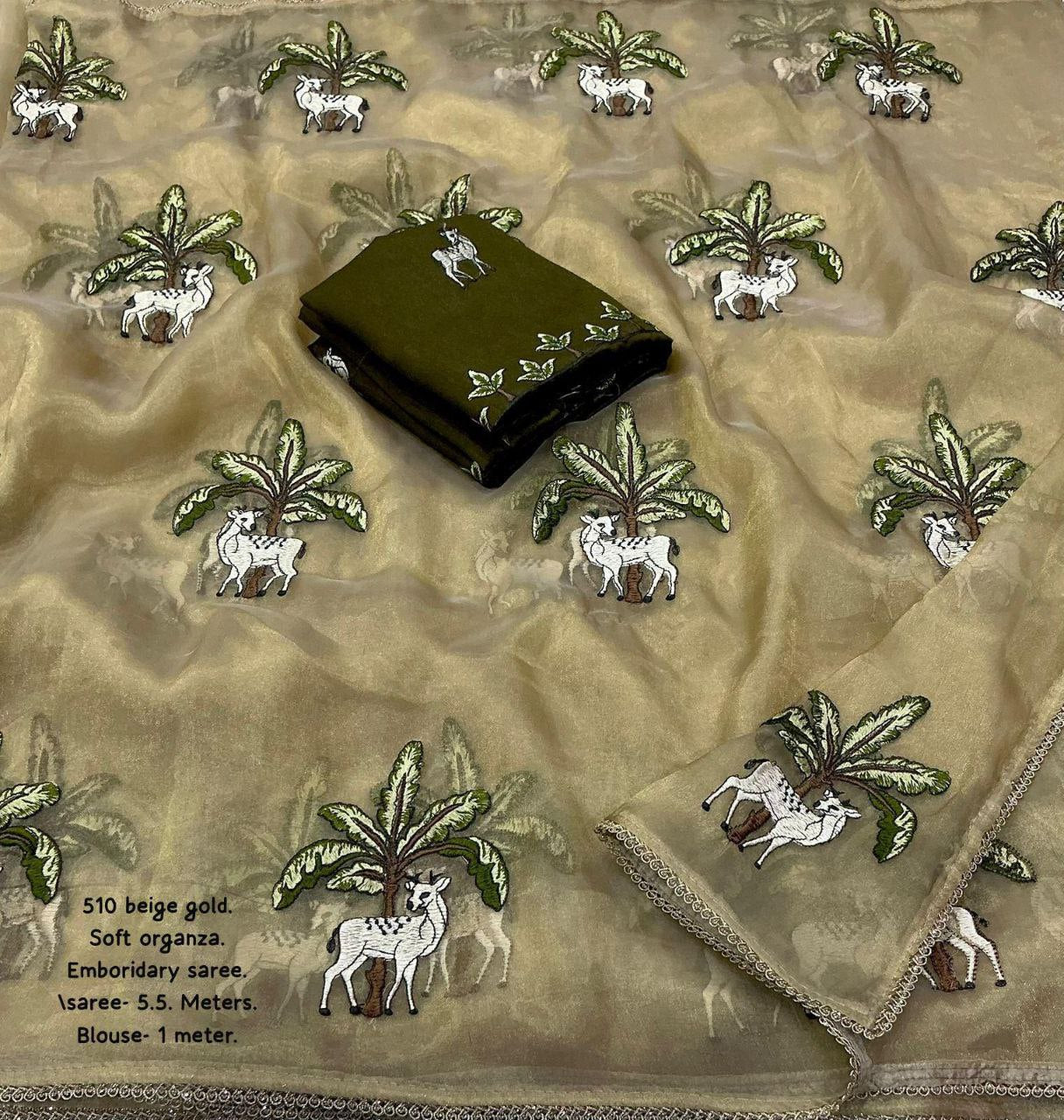 New Beige Gold Heavy Embroidered Organza Saree With Matching Mahendi Silk Blouse