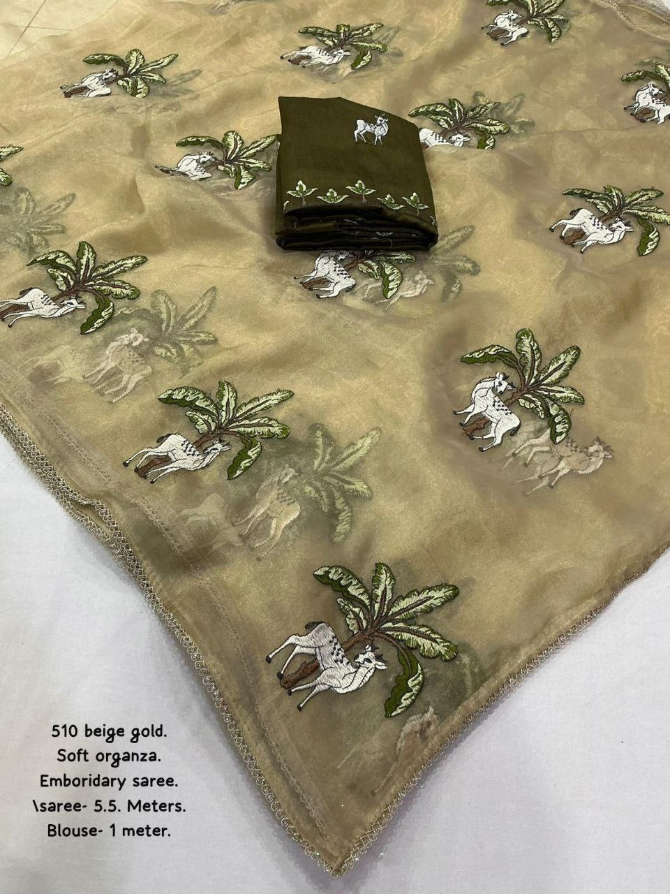 New Beige Gold Heavy Embroidered Organza Saree With Matching Mahendi Silk Blouse