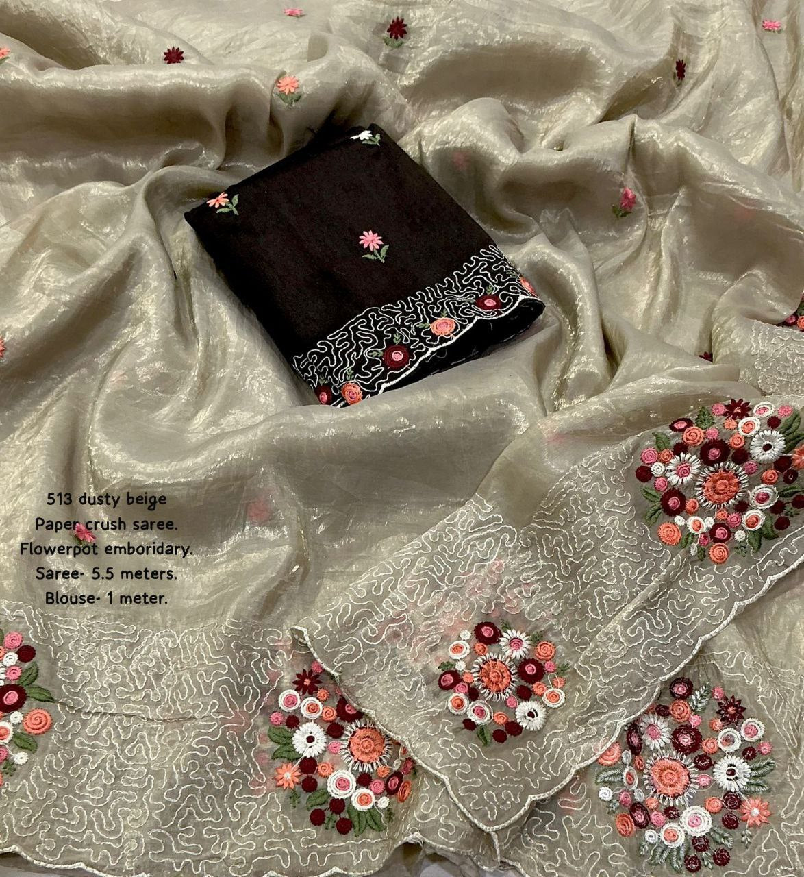 Soft Paper Crush Embroidery Saree with Contrast Phantom Silk Blouse