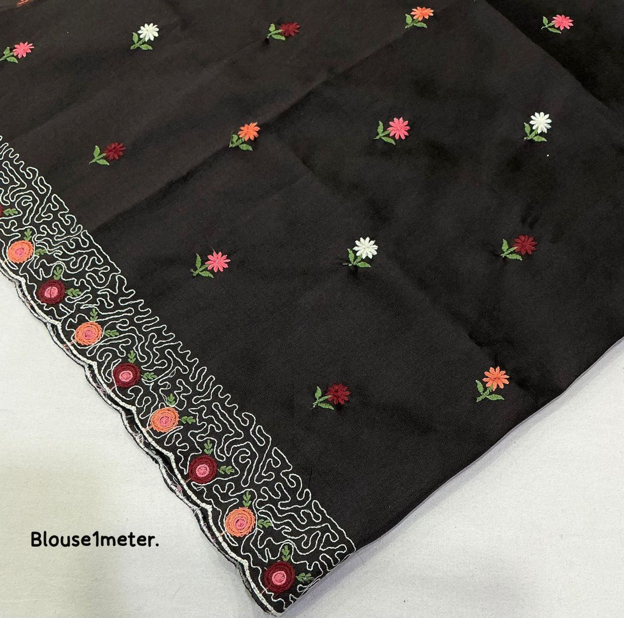 Soft Paper Crush Embroidery Saree with Contrast Phantom Silk Blouse