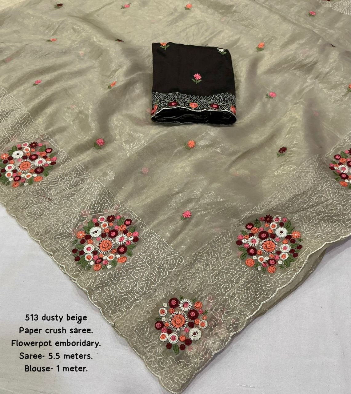 Soft Paper Crush Embroidery Saree with Contrast Phantom Silk Blouse