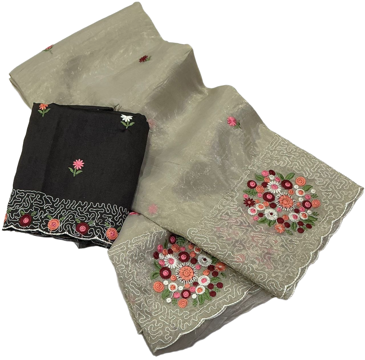 Soft Paper Crush Embroidery Saree with Contrast Phantom Silk Blouse