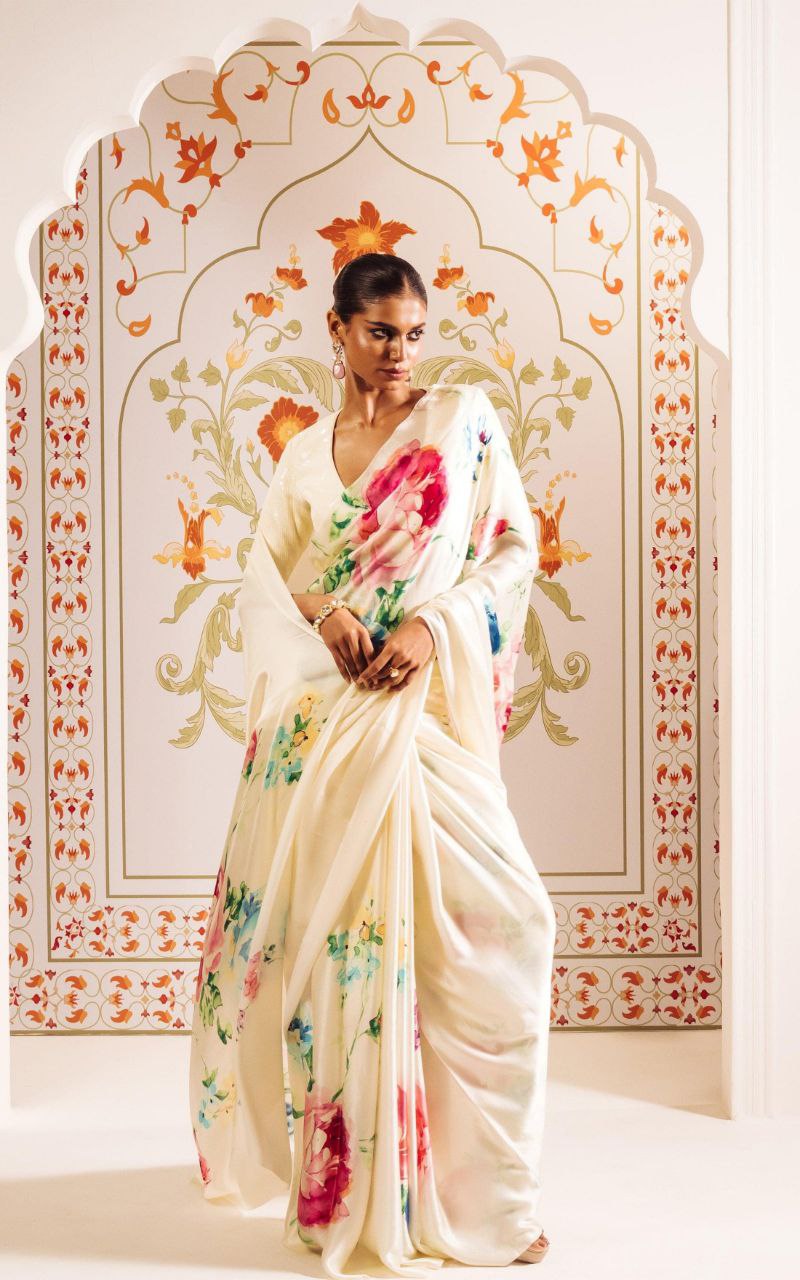 Floral Digital Print Original Japan Satin Saree with Blouse Piece