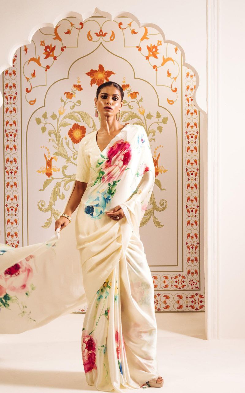 Floral Digital Print Original Japan Satin Saree with Blouse Piece