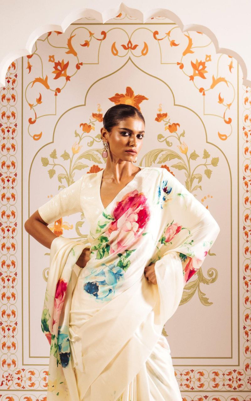 Floral Digital Print Original Japan Satin Saree with Blouse Piece