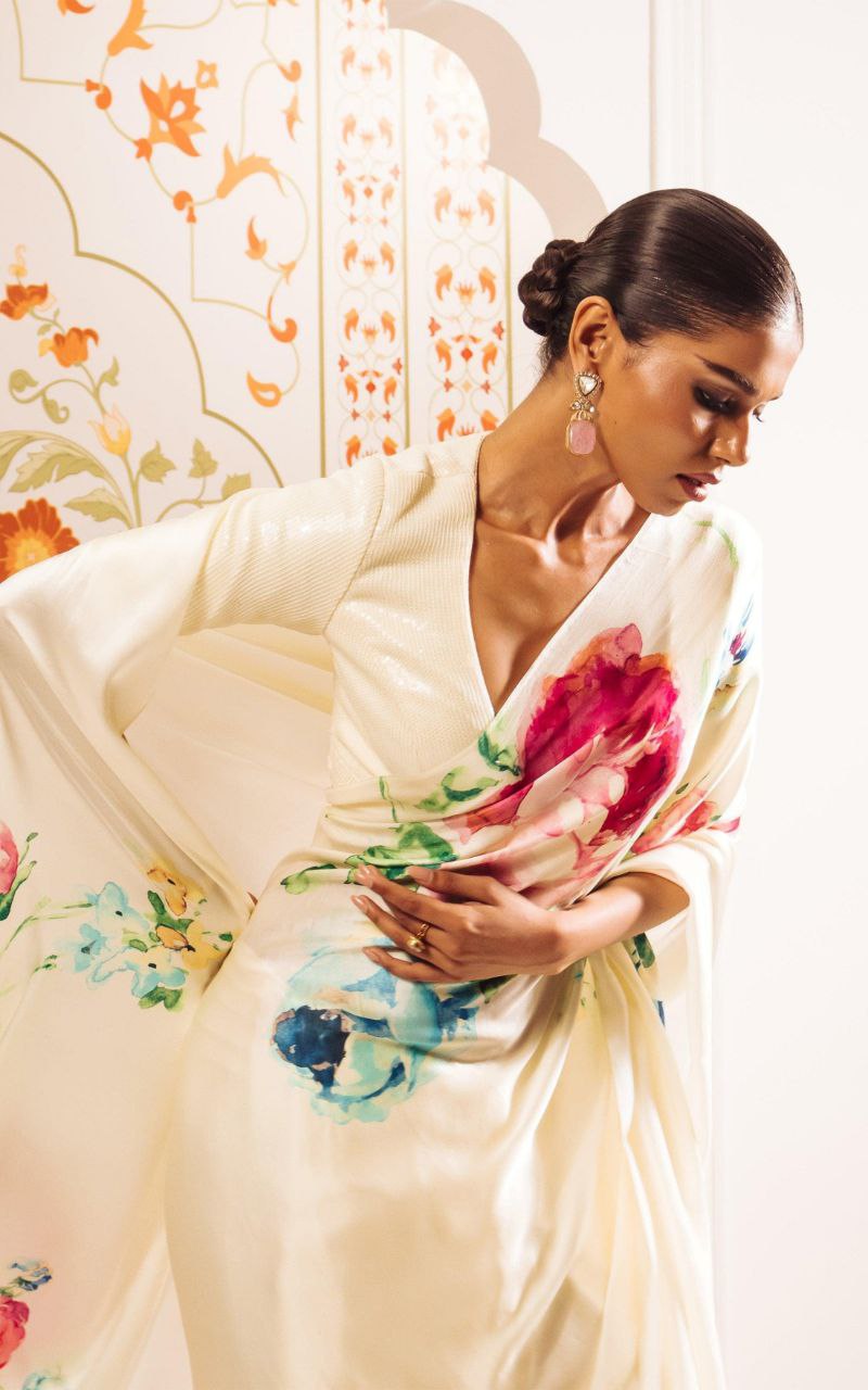 Floral Digital Print Original Japan Satin Saree with Blouse Piece